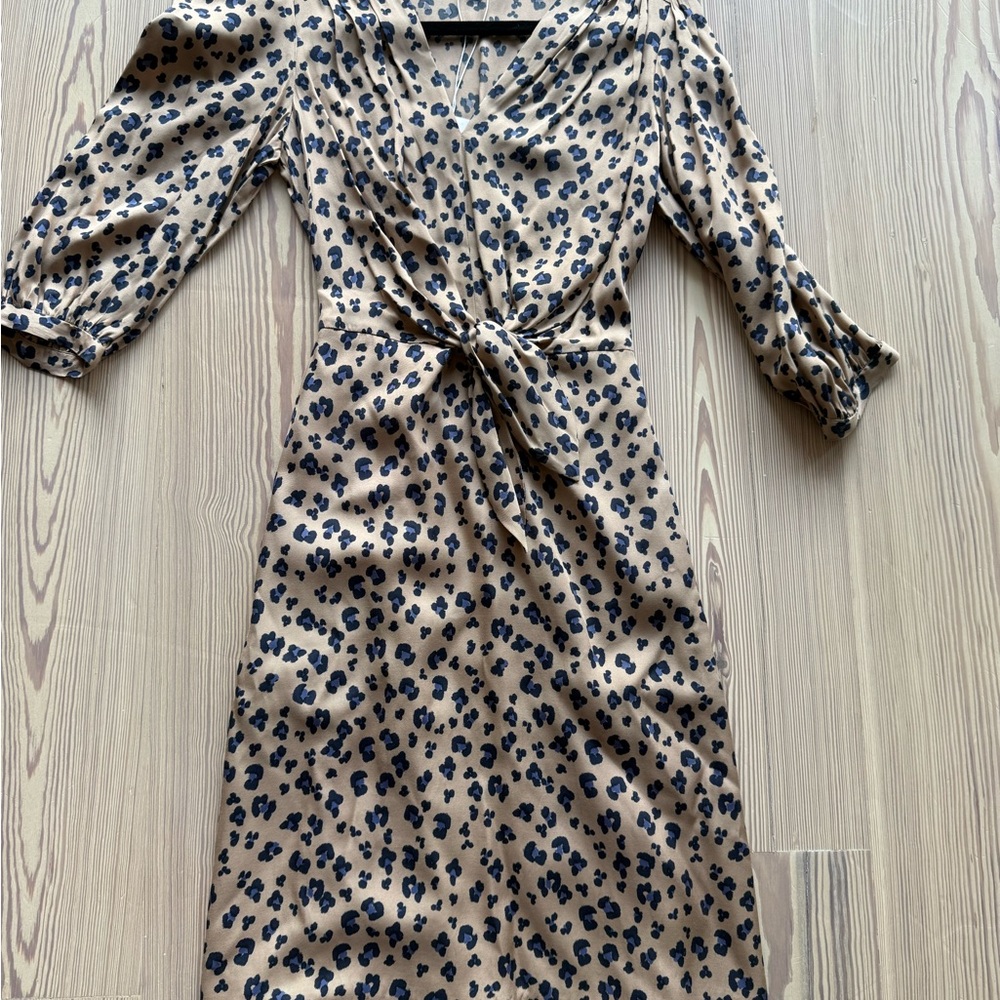 NWT Rebecca Taylor Tan and Navy&Black Animal Print Long Sleeve Dress-Silk